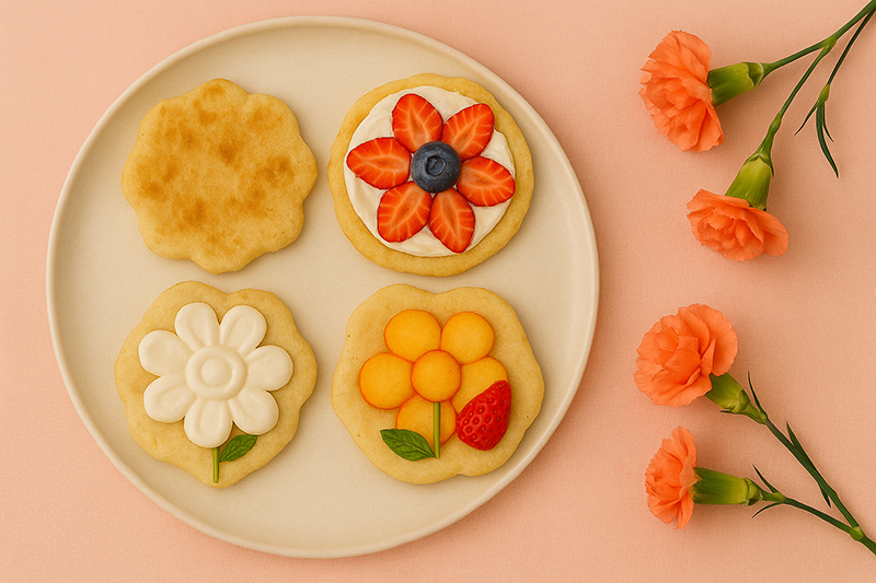 Arepas en forma de flor, decoradas con frutas, sobre un plato redondo sobre un fondo rosa y alrededor hay cuatro flores.